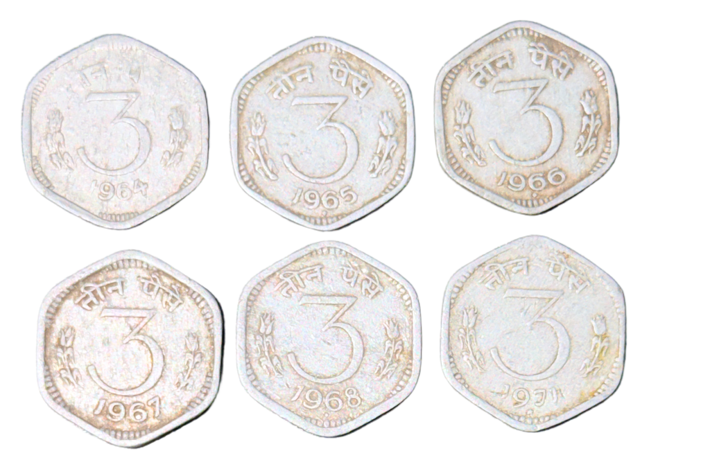 [RIC 26] India 3 Paise Coin Collection 1964–1971 – Vintage Hexagonal Aluminium Coins