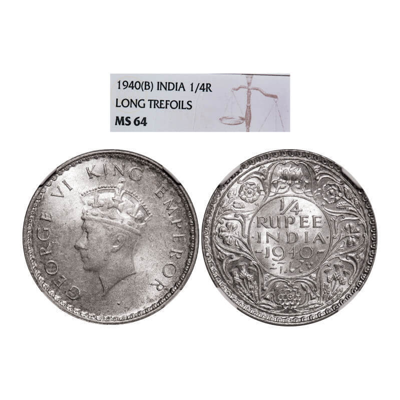 George VI, Half Silver, 1/4 Rupee, 1940, Bombay Mint, Head Type I, Rev I, Dot, Milled edge. GK 1326. NGC Slabbed MS 64. Very Rare.