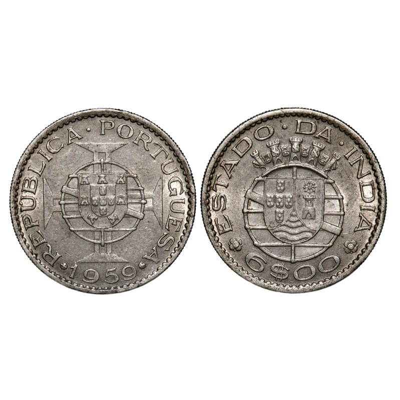 Indo-Portuguese 6 Escudos 1959 – Republic of Portuguese India | Copper-Nickel | About Uncirculated | Scarce