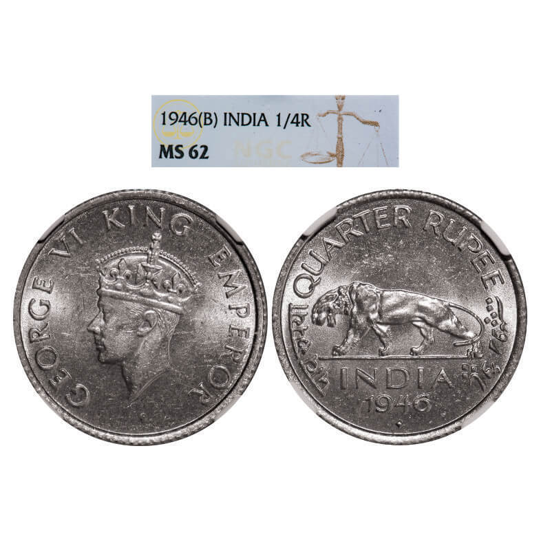 George VI, Nickel, 1/4 Rupee, 1946, Bombay Mint, Head Type II, Rev IV, Diamond mint mark, Milled edge. GK 1346. NGC Slabbed MS 62. Very Scarce.