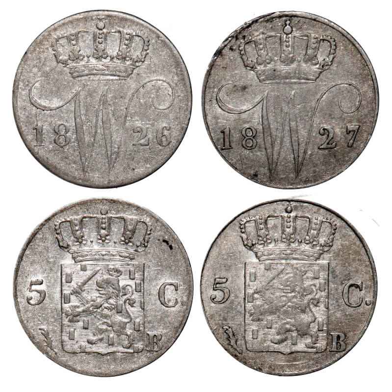 Netherlands 5 Cents 1826B & 1827B – William I | Silver | KM#52 | 2 Coins | AU | Rare