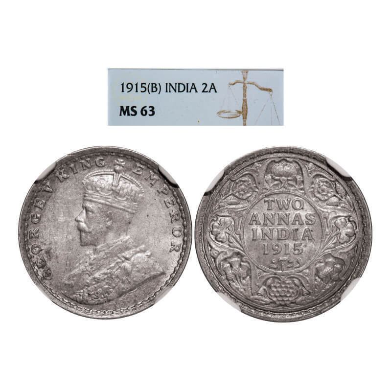 George V, Silver, 2 Annas, 1915, Bombay Mint, Dot. GK 1115. NGC Slabbed MS 63. Rare.