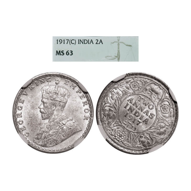 George V, Silver, 2 Annas, 1917, Calcutta Mint, No dot, 1 o'clock die rotation on Rev. GK 1117.