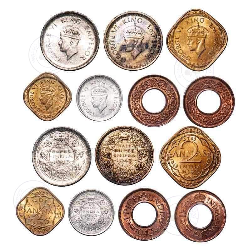 George VI 1943 Mix-Metal Coin Lot – 7 Coins | British India | Bombay, Lahore & Calcutta Mints
