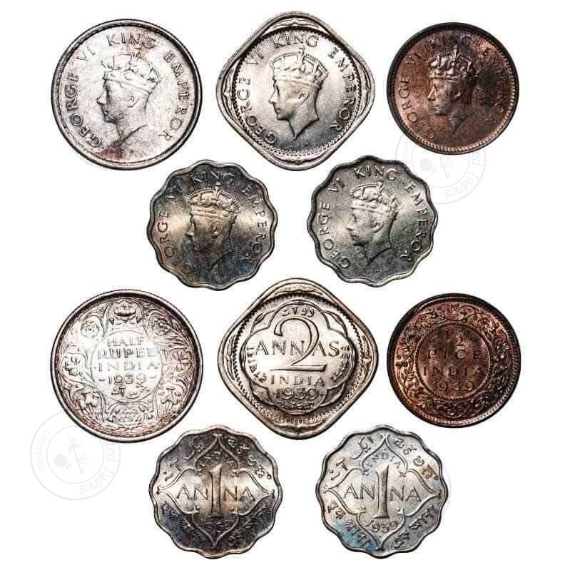 George VI 1939 British India 5-Coin Mixed-Metal Variety Lot – Bombay & Calcutta Mints – Scarce AU/UNC