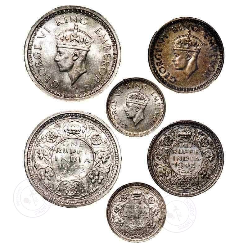 George VI 1945 British India 3-Coin Silver Lot – Bombay Mint – Very Scarce Uncirculated Varieties