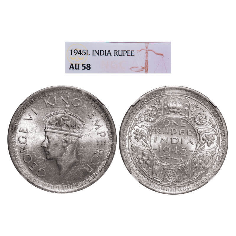 George VI, Half Silver, Rupee, 1945, Lahore Mint, D/II, 'L' raised, Security edge, Thick 'L'. GK 1288.NGC Slabbed AU 58. Scarce.