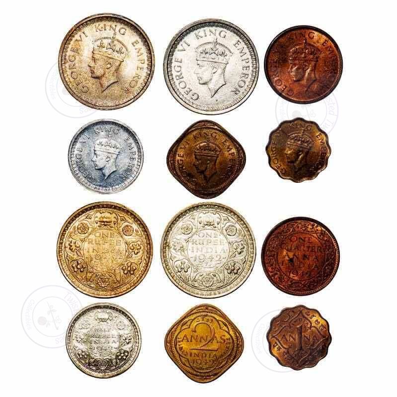 George VI 1942 British India 6-Coin Mixed-Metal Variety Lot – Bombay & Calcutta Mints
