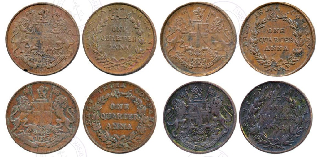 1835 East India Company Copper ¼ Anna Variety Set – Madras & Calcutta Mints – Pridmore 142, 143, 145 & 148
