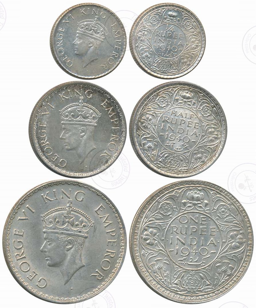 King George VI 1940 British India Complete Silver Set – Rupee, Half Rupee & Quarter Rupee
