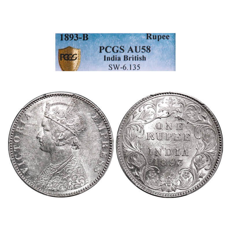Victoria Empress, Silver, Rupee, 1893, Bombay Mint, C2/I(ii), 'B' incused. GK 578. PCGS Slabbed AU 58. Scarce.