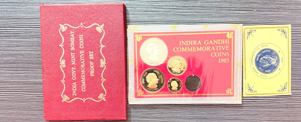 1984 Indira Gandhi Memorial 4-Coin Proof Set – Bombay Mint – Red Backing