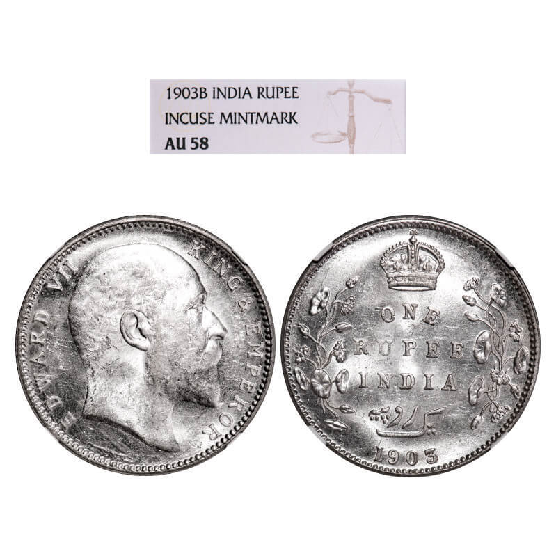 Edward VII, Silver, Rupee, 1903, Bombay Mint, 'B' incused and Dot. GK 926. NGC Slabbed AU 58.Scarce.