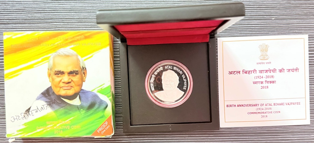 2018 Atal Bihari Vajpayee Birth Anniversary ₹100 Proof Coin – Wooden Box Packing