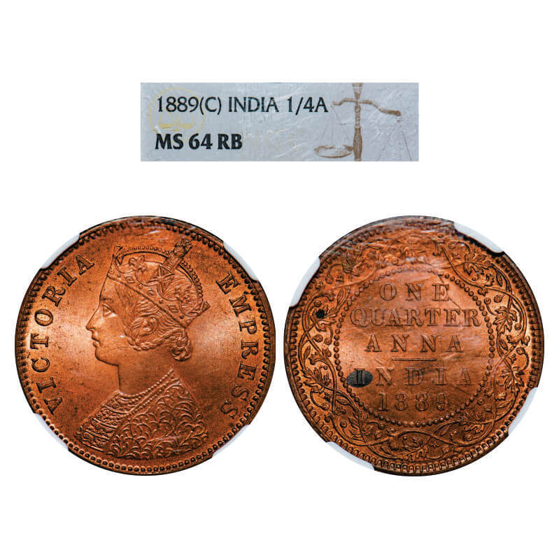 Victoria Empress, Copper, Quarter Anna, 1889, Calcutta Mint, B/II, No mint mark. GK 848. NGC Slabbed MS 64 RB. Rare.