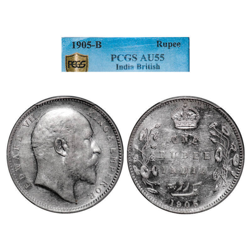 Edward VII, Silver, Rupee, 1905, Bombay Mint, 'B' incused and dot, Top stroke of numeral 5 long. GK 936. PCGS Slabbed AU 55. Very Scarce