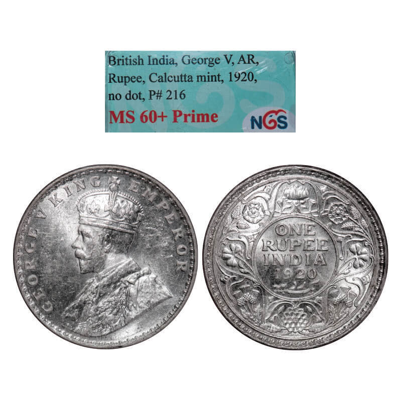 George V, Silver, Rupee,1920, Calcutta Mint, No dot. GK 1041. NGS Slabbed MS 60+ Prime. Very Scarce.