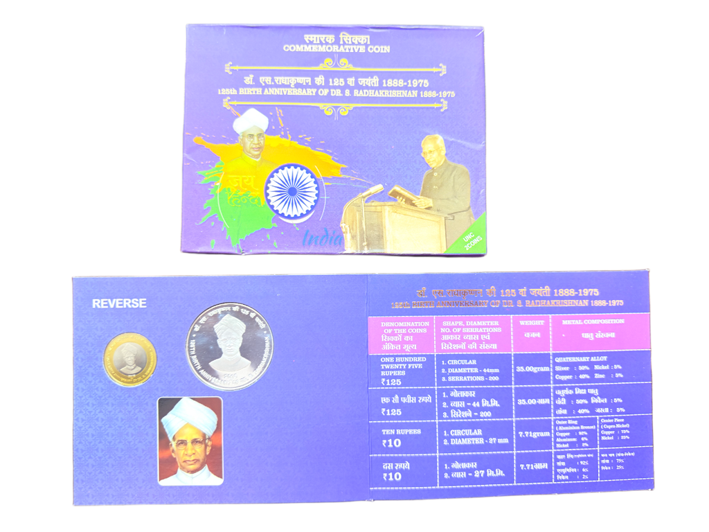 2015 Dr. S. Radhakrishnan 125th Birth Anniversary UNC Coin Set – ₹125 Silver & ₹10 | Hyderabad Mint
