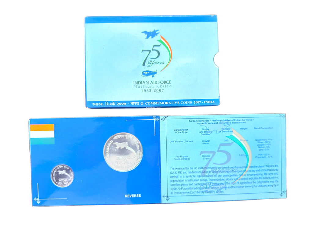 2007 Indian Air Force Platinum Jubilee Proof Set – ₹100 & ₹2 Coins | Kolkata Mint | RB# 324
