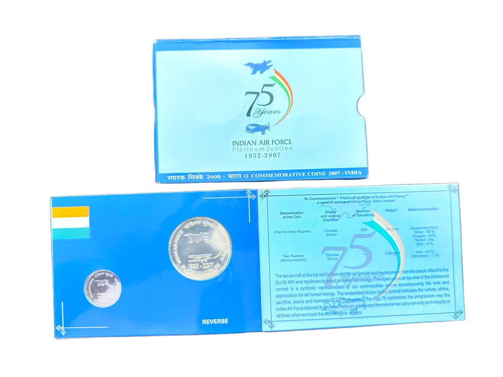 2007 Indian Air Force Platinum Jubilee UNC Set – ₹100 & ₹2 Coins | Kolkata Mint | RB# 325