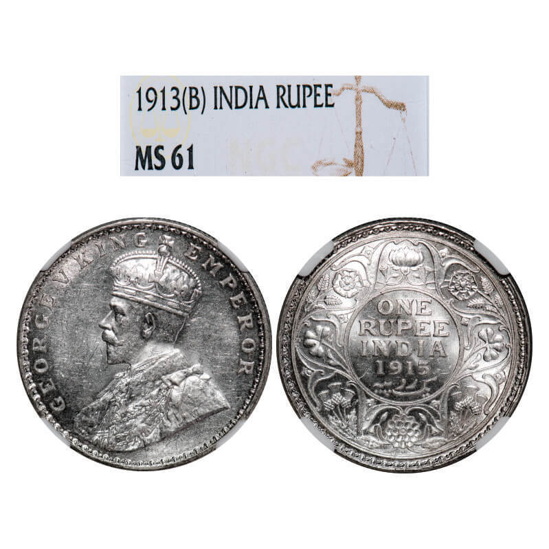 George V, Silver, Rupee, 1913, Bombay Mint, Dot. GK 1028, F. Prid 249. NGC Slabbed MS 61. Rare