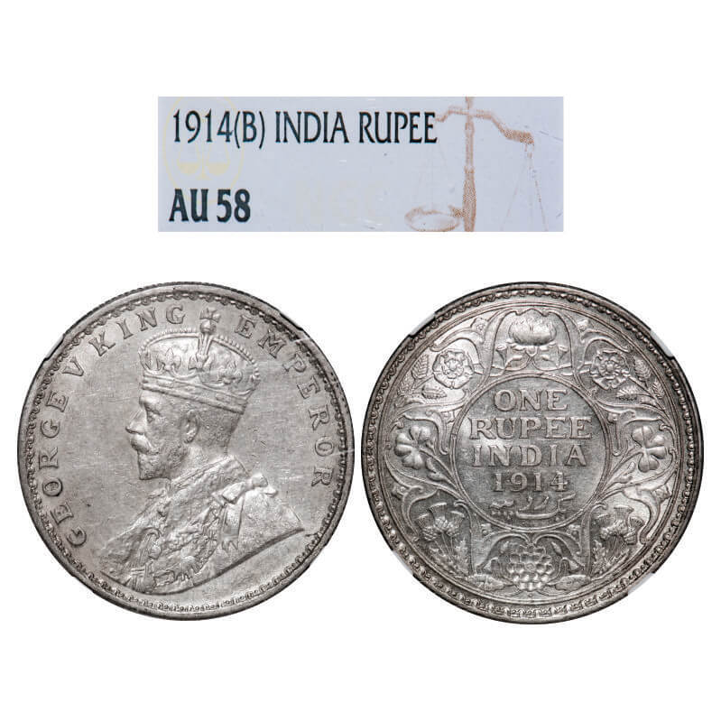 George V, Silver, Rupee, 1914, Bombay Mint, Dot. GK 1030, F. Prid 220. NGC Slabbed AU 58. Scarce.