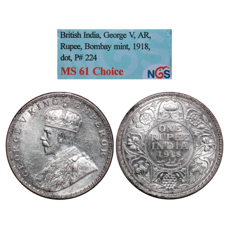 George V, Silver, Rupee, 1918, Bombay Mint, Dot. GK 1038, F. Prid 224. NGS Slabbed MS 61. Rare