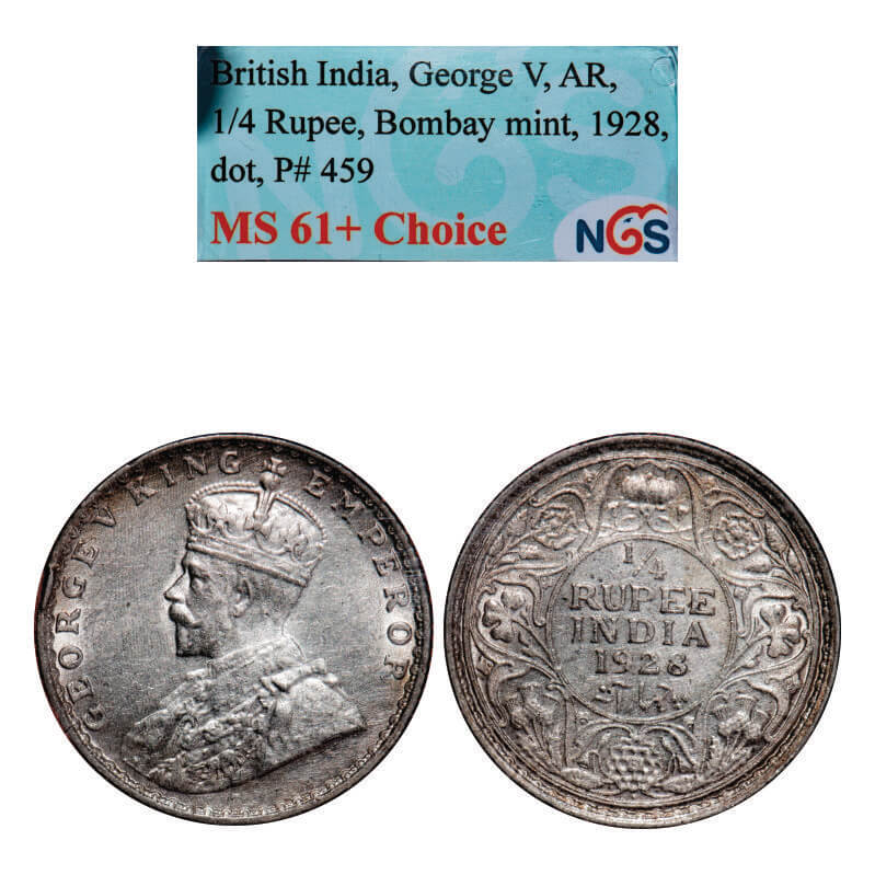 George V, Silver, 1/4 Rupee, 1928, Bombay Mint, Dot. GK 1095, F. Prid 459. NGS Slabbed MS 61+ Choice. Very Scarce.