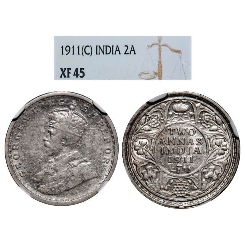 George V, Silver, 2 Annas, 1911, Bombay Mint, Dot. GK 1107, F. Prid 564. NGC Slabbed XF 45. Very Scarce