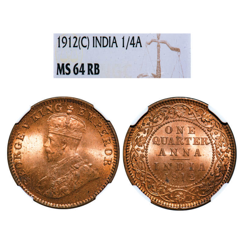 George V, Bronze, Quarter Anna, 1912, Calcutta Mint, No dot. GK 1172, F.Prid 658. NGC Slabbed MS 64 RB. Rare.