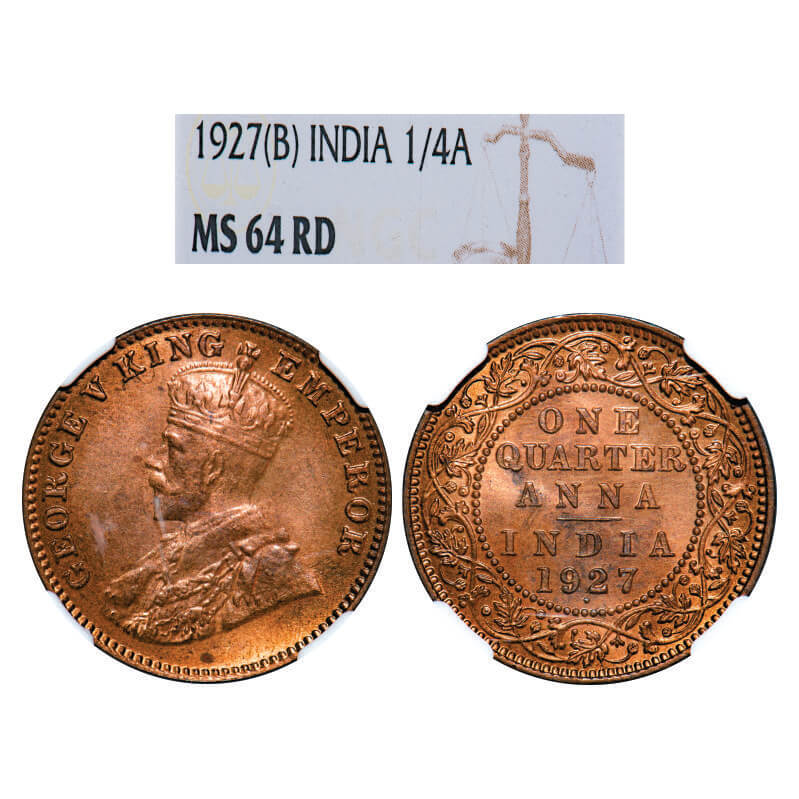 George V, Bronze, Quarter Anna, 1927, Bombay Mint, Dot. GK 1185, F. Prid 680. NGC Slabbed MS 64 RD. Rare.